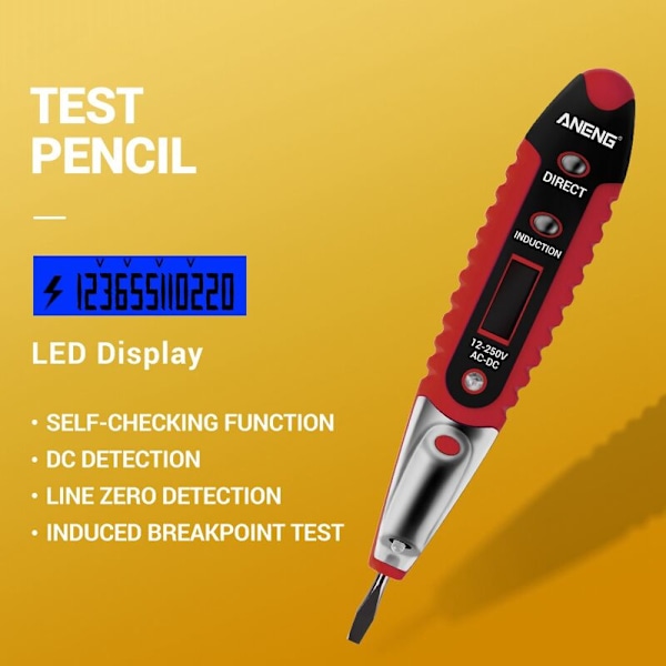 Spændingstester LED Belysning Digital Display Sikkerhedsinduktion Elektriker Tester (Rød)