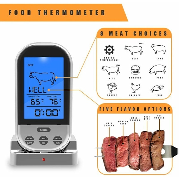 LCD Trådlös Kötttermometer Fjärrkontroll Digital Sond BBQ Grill Kökstermometer Hushållsugn BBQ Grillverktyg