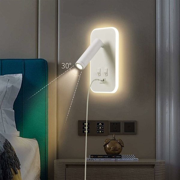 LED Vægskinne, Sengeborde Læselys med Afbryder, USB Opladningsport, Soveværelse Stemningsbelysning Justerbar Spotlys (3W 3000K + 9W 6000K) - Hvid