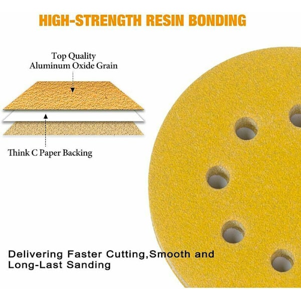 Sæt med 100 slibeskiver 125 mm velcro, slibeskiver 125 mm korn P800 8 huller guld, runde velcro slibeskiver, tilfældig orbital slibemaskine til blandet struktur