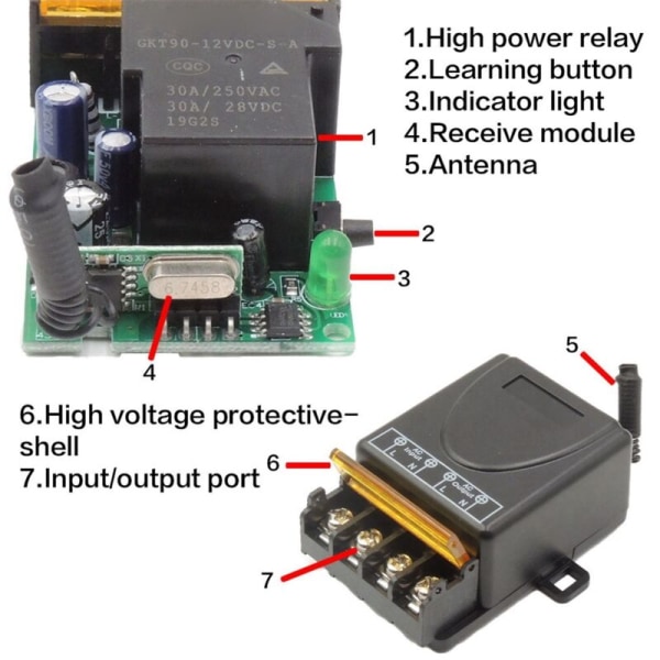 433MHz 220V Fjärrkontrollbrytare Pump 1Ch 30A På/Av Mottagarmodul RF Sändare för LED Ljusfläkt