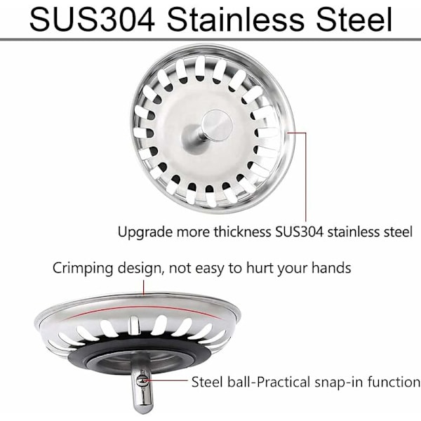 Kjøkkenvask sil, vaskepropp, rustfritt stål vask sil, INOX vaskepropp, kompatibel med de fleste vasker (diameter: 78mm)
