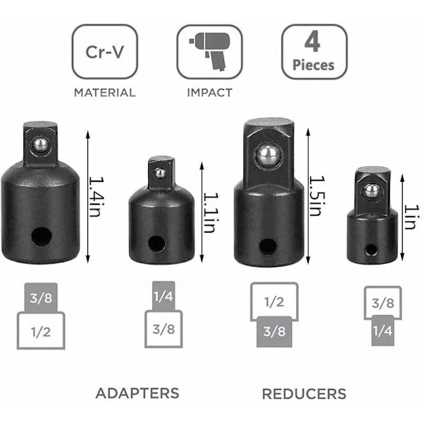 4 st Ratchet Adapter Cr-V Slagnyckelhylsa 1/4\" 3/8\" 1/2\" Konverter Drivreducer Pneumatisk Slagnyckel Verktyg
