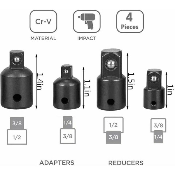 4 stk. skralleadapter Cr-V slagverktøynøkkel 1/4\" 3/8\" 1/2\" konverterdrivreduksjon pneumatisk slagverktøynøkkelverktøy