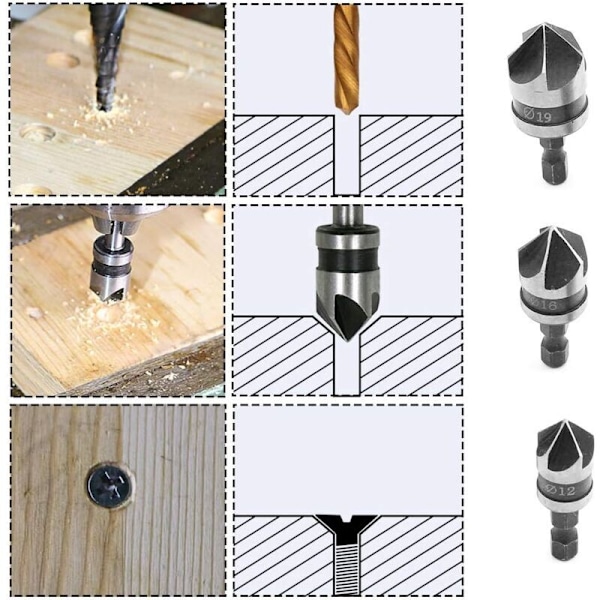 Frässchabloner, Spolning och Fräsfräs 3 st 90 Grader 5-bladiga Fasfräsar Set för Trä, Metall Snabbbyte 1/4\" Hex Fasborr Kolstål Hals Till