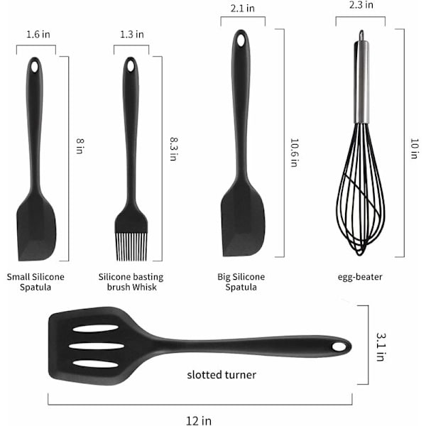 5 stk. Silikon Køkkenspatel Sæt, Spatel Skrabespatel Ægpensel Piskeris til Køkken, Varmebestandig Non-Stick Køkkenredskab Sæt (Sort)