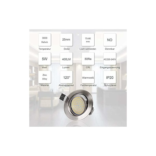Justerbar Indbygget LED Spotlight 5W Varmt Hvidt 3000K Ekstra Flad Rund 220V IP20 Indbygget Loftbelysning til Soveværelse, Køkken, Stue, Gang