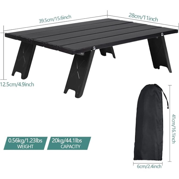 Campingvikbar bord, lättviktigt bärbart minivikbart aluminiumbord med bärväska, litet bekvämt rullbart sidobord för grillning picknick