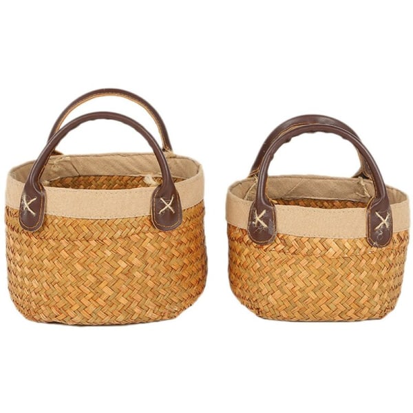 2 Piece Woven Cylinder Basket with Leather Handle, Natural Herb Storage for Plant Pot, , Laundry, Picnic (2 Sizes)