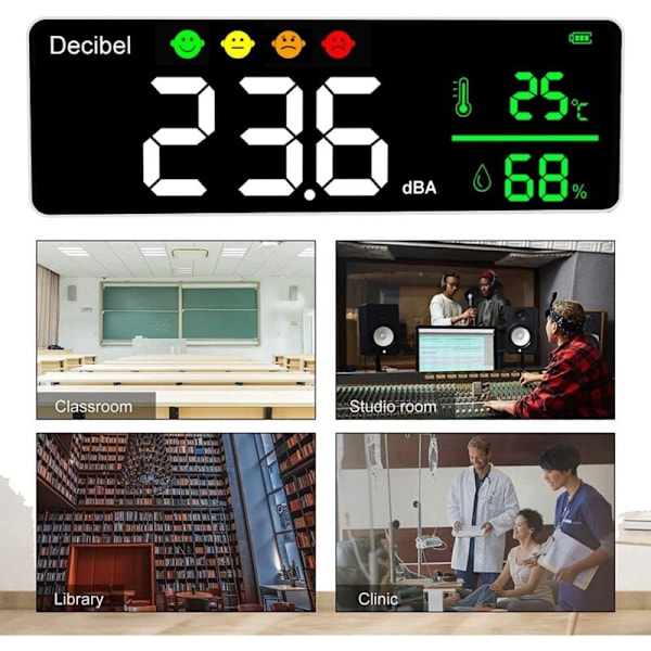 Decibelmåler til vægophængning Lydniveaumåler 30-130DB LED-display Støjtidstemperaturmåler (°C)