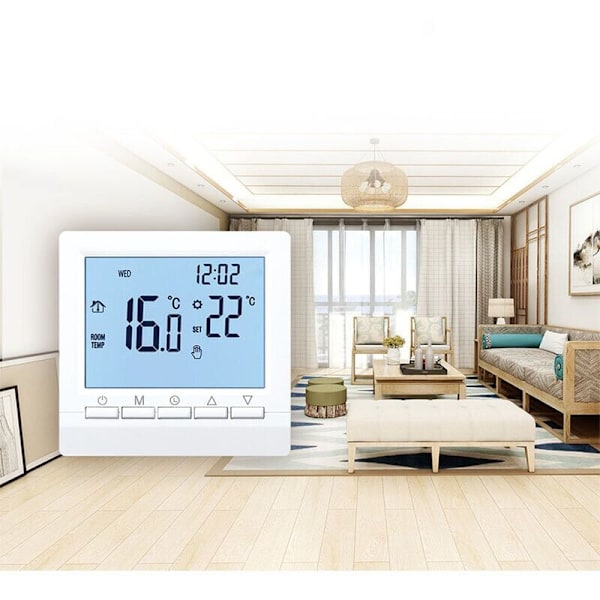 Smart väggtermostat med LCD-display för golvvärme - Blå bakgrundsbelysning.