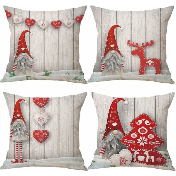 Jule-Nisse Pudebetræk 45x45cm Sæt af 4 Dekorative Jule Pudebetræk Julepynt til Indretning, Sofa, Soveværelse, Vinterferiegave
