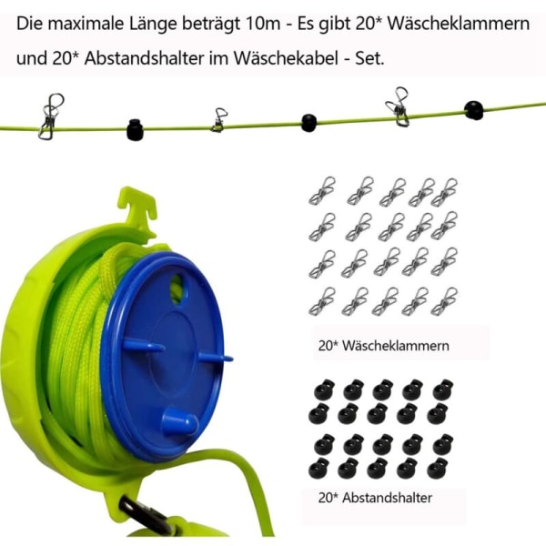 Tilbagetrækkelig Tøjstativ, 10 Meter Anti-Vridning Tøjstativ, Justerbar Camping Tøjstativ til Indendørs Udendørs Camping