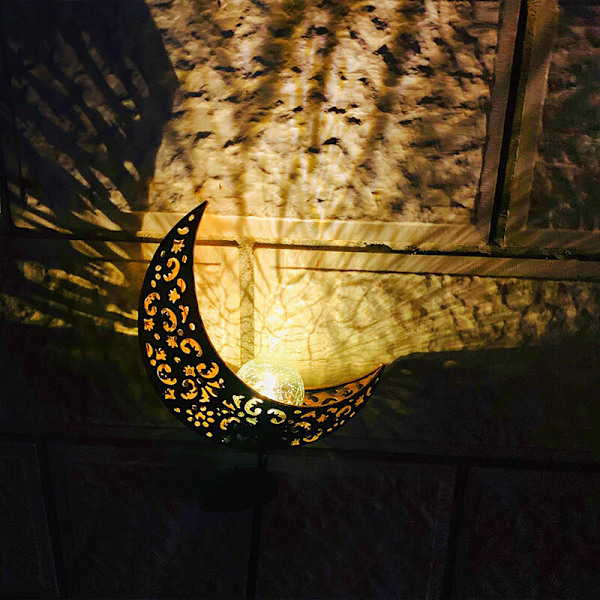 Solcellsdrivna trädgårdslampor, Antik Brons Ihålig Carvad Metall Måne med Varmt Vit Sprickglas Stake Lights, Vattentät Utomhus för Gräsmatta, Patio, Ya