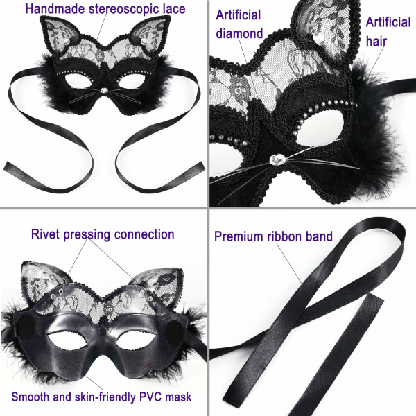 Venetsian naamiaisnaamio Ylellinen musta kissan pitsinen naamio hienolle pukeutumiselle jouluhalloween-asu tytöille naisille