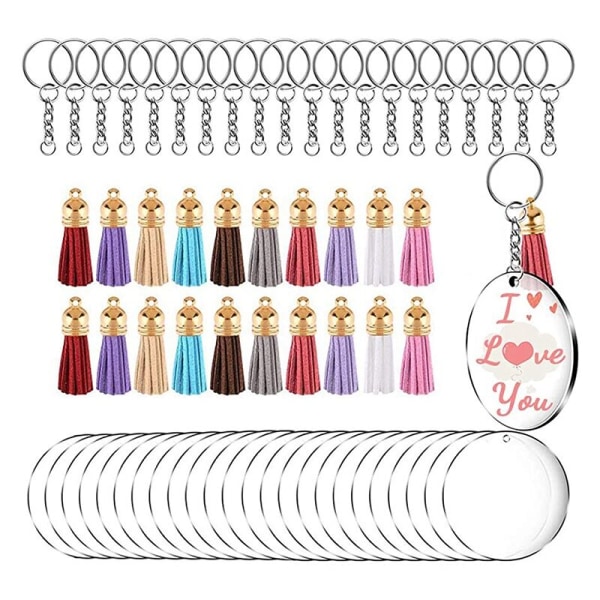 180 Piece Acrylic Keychain Kit with Tassel, 60 Sets of Clear Acrylic Circle Discs and Keychain Rings