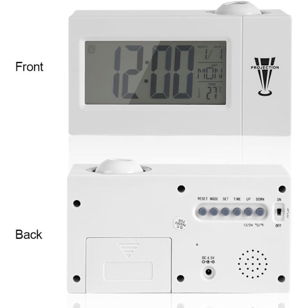 Digital väckarklocka med projektor, dimbar, programmerbar sömntimer och visning av inomhustemperatur, dag och datum