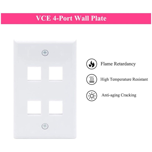 4-porters Keystone veggplate (10-pakning), enkle veggplater for Keystone RJ45-kontakt og modulære innlegg, hvit