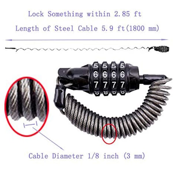 2 Pakkaa Pyörän Kaapelilukko, Mini Kannettava Pyörän Lukko 4-Numeroinen Varkaudenestoturva Retraktoitu Yhdistelmä Pitkä Lukko
