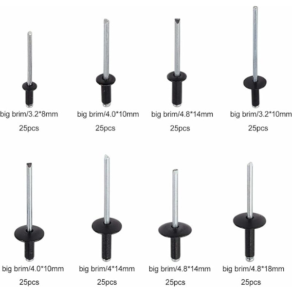 200 stk aluminium blindpopnagler, 3,2 x 8 mm, 3,2 x 10 mm, 4 x 10 mm, 4 x 14 mm, 4,8 x 14 mm, 4,8 x 18 mm, 8 størrelser svart popnagelsortimentsett for