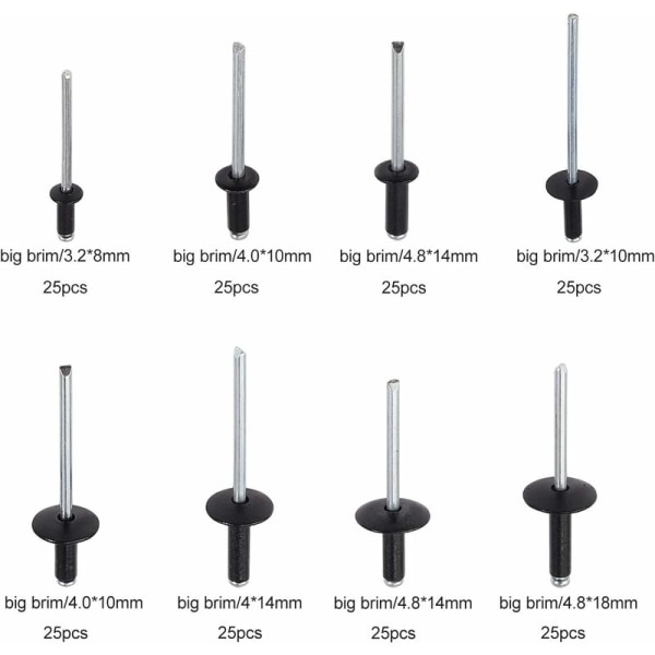 200 stk. aluminium blindpopnitter, 3,2 x 8 mm, 3,2 x 10 mm, 4 x 10 mm, 4 x 14 mm, 4,8 x 14 mm, 4,8 x 18 mm, 8 størrelser sort popnittesortimentssæt til