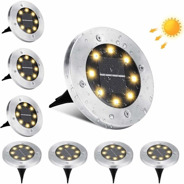 Solcellelampe Utendørs Hage, 8 LED Utendørs Solcellelys Vanntette IP65 Rustfritt Stål Nedfelt Solcellelys for Gangvei Hageplen Trinn Trapper, W