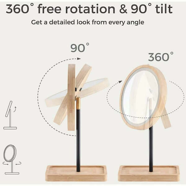 LED-upplyst sminkspiegel med 3 färgade lampor, sladdlös USB-uppladdningsbart batteri, 360° rotation, förvaringsbricka i bambuträ, bordsstativ, rund form