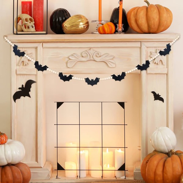 Halloween-krans, flaggermus-krans for dekorasjon av halloween-mantelen, filtflaggermus Treperlebanner til dekorasjon av peismantel