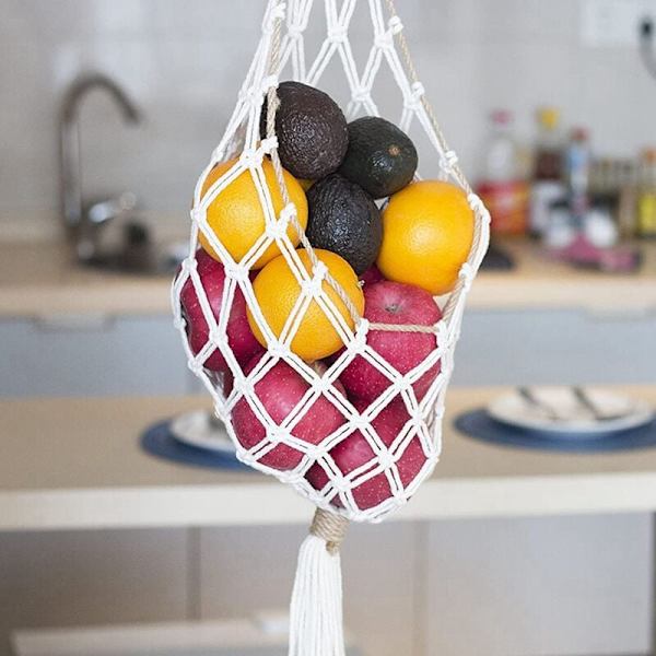 Hengende Macrame Fruktkurv - Boho Kurv for Oppbevaring av Poteter, Løk og Frukt - Boho Veggdekor for Kjøkkenet