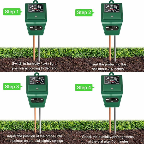 3 i 1 jordtester Solid PH, lys og surhetsgrad pH-tester, jordfuktighetstestsensorsats, for blomster/gress/plante/hage/gård/plen (ingen batteri nødvendig