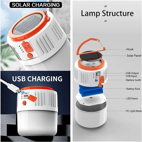 USB-laddningsbar lykta - Bärbar solcells-LED-campinglykta Säkerhetsficklampa Vattentät Söklampa för vandring, fiske, strömavbrott (vit)