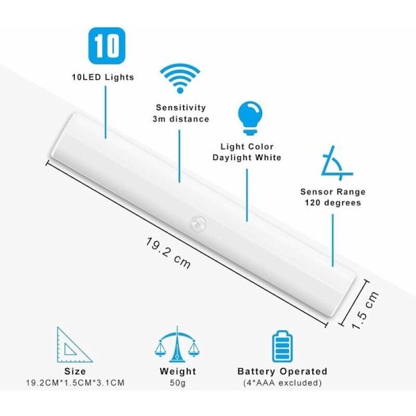 10 LED trådløs innendørs bevegelsessensor lyslist med 3 magnetiske klistremerker for skap, trapper, automatisk på/av, varmt hvitt lys