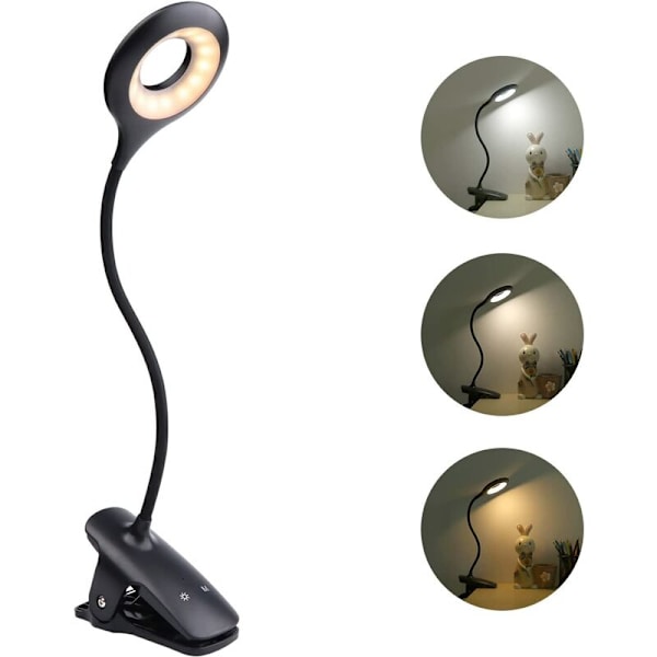 USB-ladattava langaton sängynpäälamp, musta kosketuslukulaite, 3 väriä ja 3 himmennettävää, paristokäyttöinen pöytälamp, lukulaite klipsillä