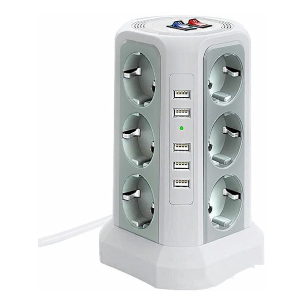 Surge and Surge Protector Power Strip Tower, Electric Power Strip with 5 USB Ports and 12 Sockets, Power Strip with and 3 Switches, White