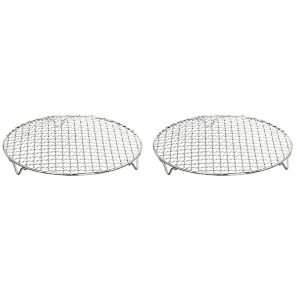 2X Mesh Net 304 Rustfrit Stål Rund Grill med Stativ Grillfod Dampkurv