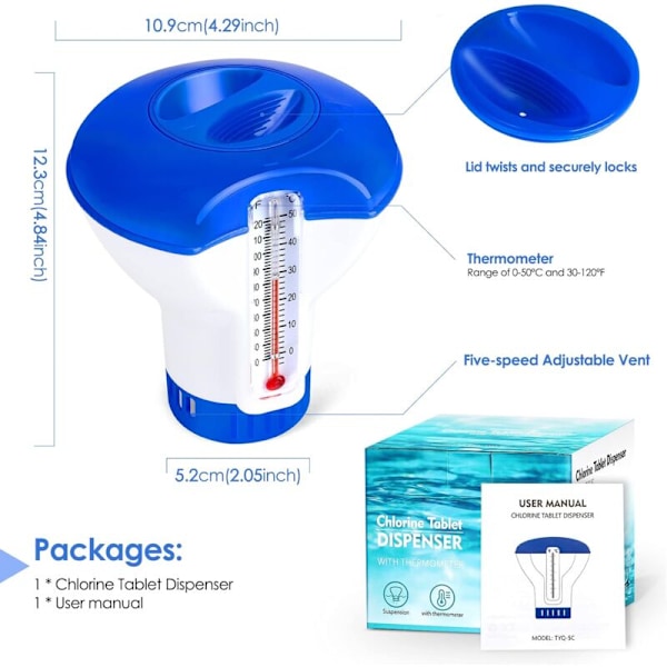 Klordiffusor för pool med termometer, automatisk flytande doserare, klordoserare för 5 tum pool, kemikaliedoserare för bad