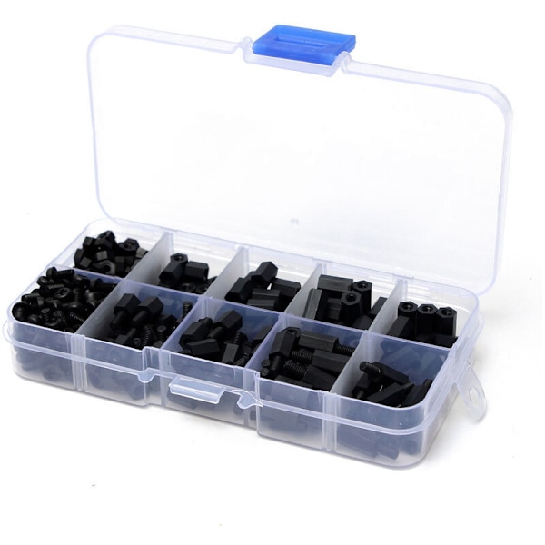 300 stk. M3 Sorte Nylon M-F Hex Skruemøtrik Assorteret