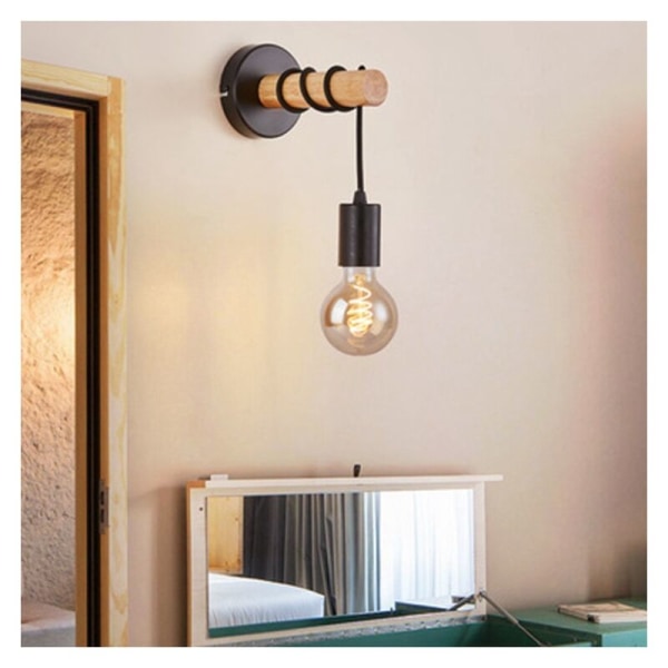 væglampe, retro industrielt design, træ og metal, stue- og soveværelsesbelysning, E27 fatning, til 10W max LED-pære, sort