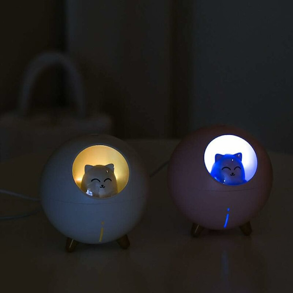 Katt husdjur multi-mode färgglad LED nattlampa liten mini spray USB luftfuktare skrivbordskontor tecknad atmosfär ljus dekompression gåva, vit