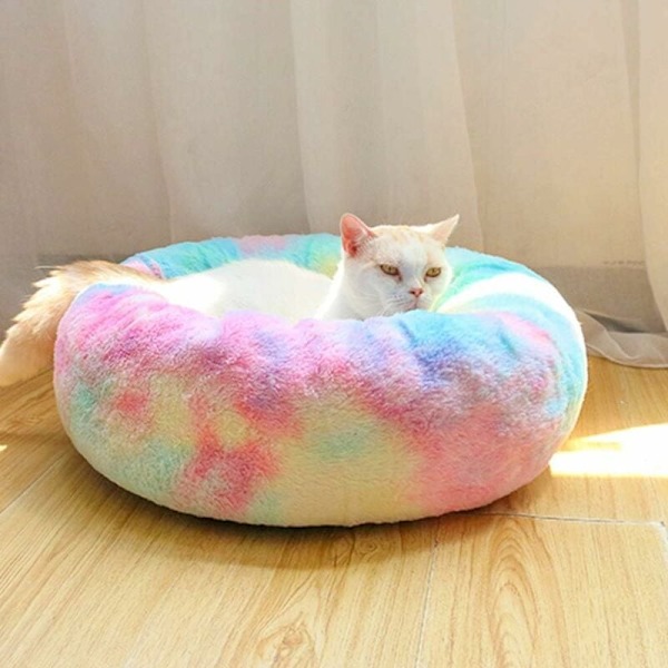 Rund Plys Kattekurv til Dyr Katte og Små Hunde Katteseng Pude Donut Hundebed Passer Rede Sofa XH062 (Diameter: 80, Farverig Pink)