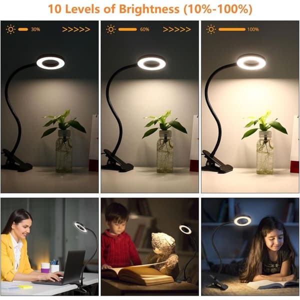 Skrivebordslampe til læsning hjemmekontoret, 10 dæmpbare lysstyrker, 3 tilstande, ring/klipslampe til hovedgærde, håndværk, computer, videoopkald