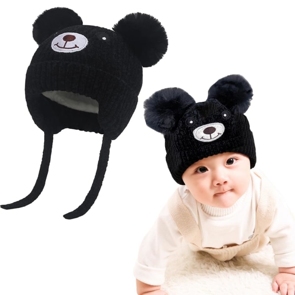 Söpö Bear Kids Talvi Fleecevuorattu neulottu hattu kuulosuojaimilla Double Pom Pom Beanie kuulosuojaimilla Kylmän sään lämmin hattu 1-5-vuotiaille (musta)