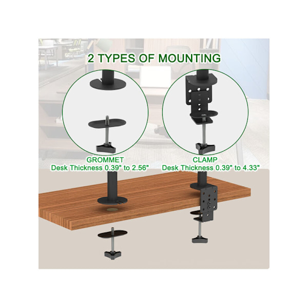 PC-skjermholder 2 for 13-27 tommers skjermer, Høydejusterbar PC-skjermarm, Tilt, Rotasjon og Sving, Maksimal belastning 8 kg per arm, 2 monteringsalternativer