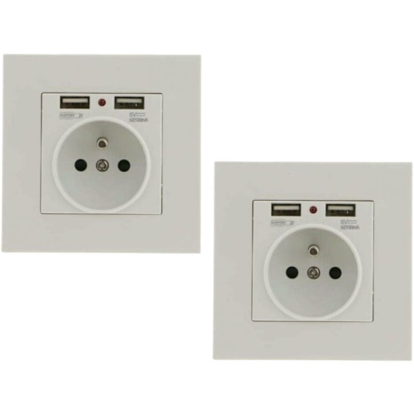 Sett med 2 veggkontakter, veggkontakt med dobbel USB 5V/2100mA, innfelt kontakt med 2 USB-porter Praktisk og hendig