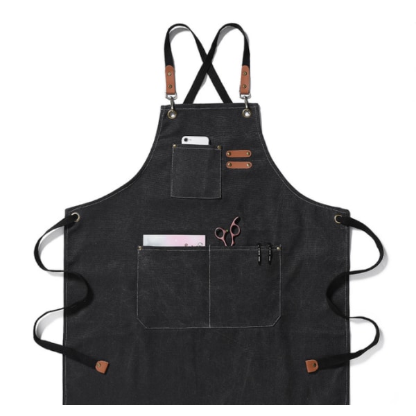 Lærredsarbejdsforklæde med justerbar fortykket denimstrop til køkkentræbearbejdning (sort)