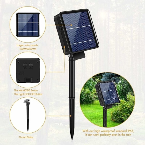 10m Solcellelys Utendørs 100 LED med 8 Lysmoduser, Vanntette Solcellelysstreng for Hage, Terrasse, Balkong, Hage, Hjem, Juletre