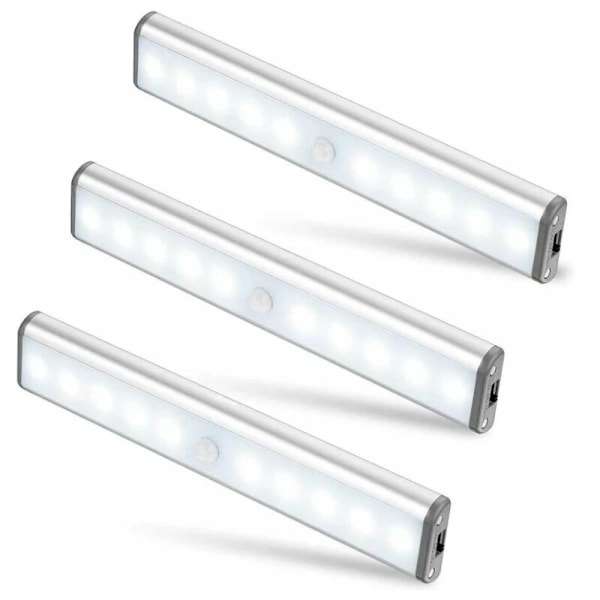 Triple 10 LED-skabbelys, trådløs, USB-genopladelig, magnetisk, bevægelsessensor, 2 lystilstande, skabbelysning, nødlys, natlys til