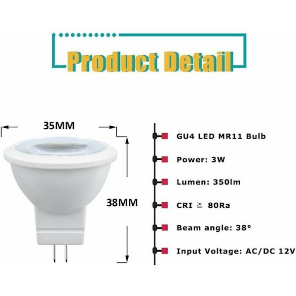 MR11 GU4 3W LED-pære Varmt Hvit 3000K AC/DC 12V - tilsvarer en 35W halogenpære (4 stk)
