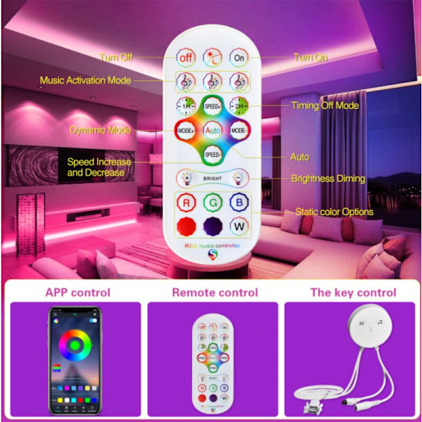 Bluetooth LED-stripe, 15M Vanntett LED-stripe 270 5050 RGB LEDer, Styrt av Smartphone-app, Synkroniser med Musikkrytme/Tidsinnstilling