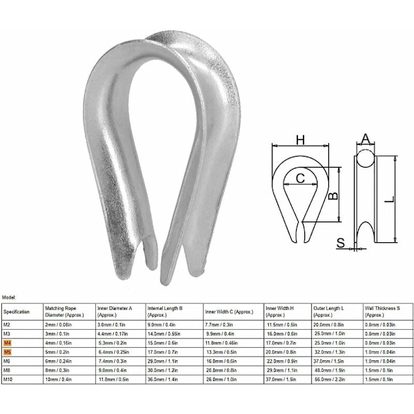 50 stk. Wire Rope Thimble Wire Rope Clips Rustfritt Stål Kabel Rigging Verktøy for Skipsbygging(M3(3mm))